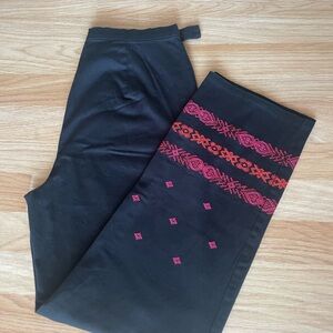 Black Crop Pants with Red Folk Art Embroidery